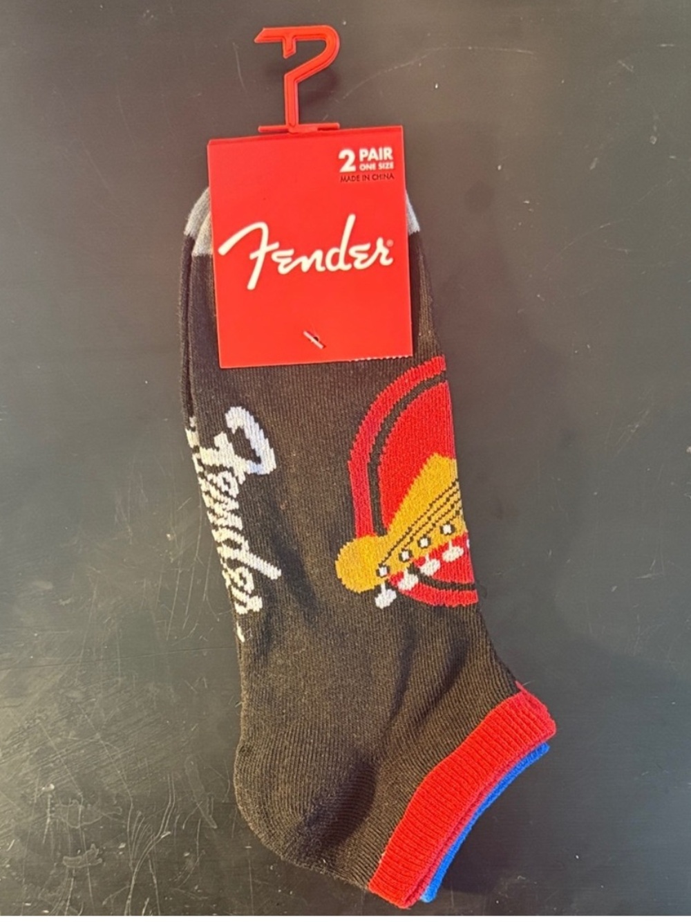 Fender Black Ankle Socks with Red, Yellow & Blue Guitar Accent